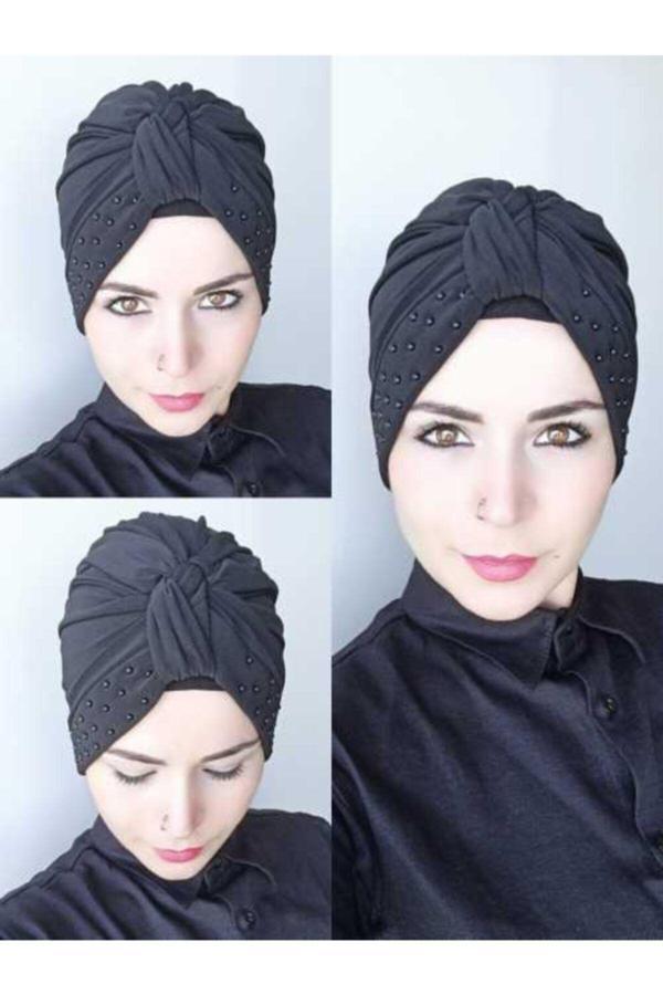 Bav Butik Ayvitrin Kadın Siyah Tesettür Inci Düğüm Bone - Image 1