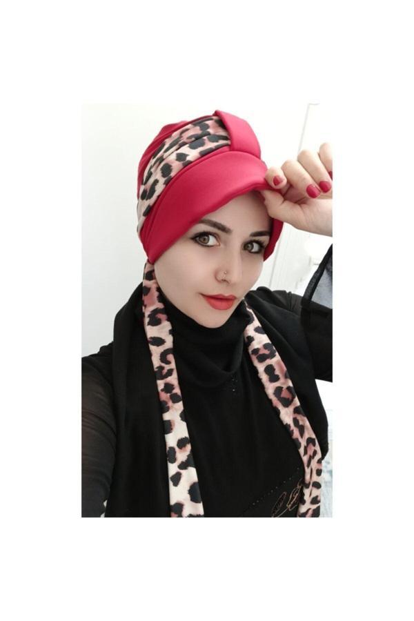 Bav Butik Ayvitrin Kadın Tesettür Leopar Atkı Bone Kırmızı - Image 1