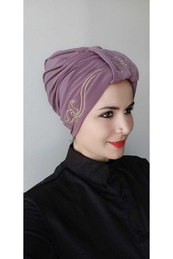 Bav Butik Ayvitrin Kadın Şal Desen Işleme Çift Taraflı Bone Gülkurusu - Image 1