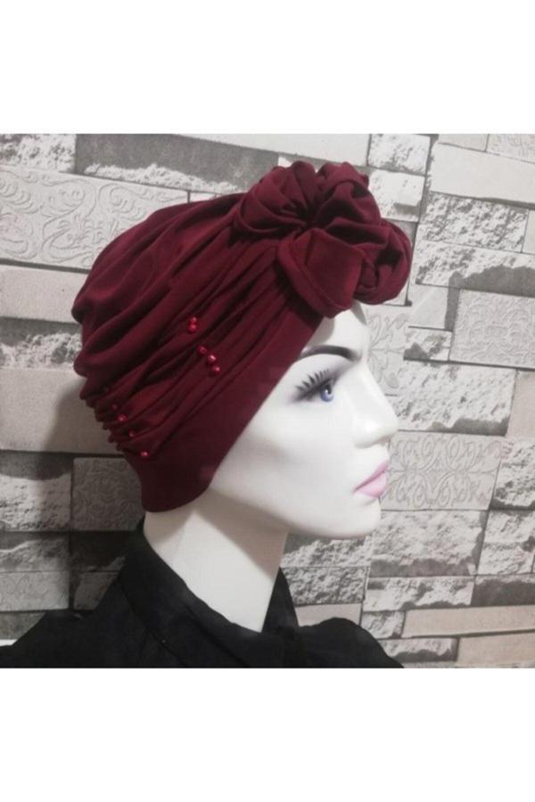 Bav Butik Ayvitrin Inci Detay Drapeli Bone Bordo - Image 1