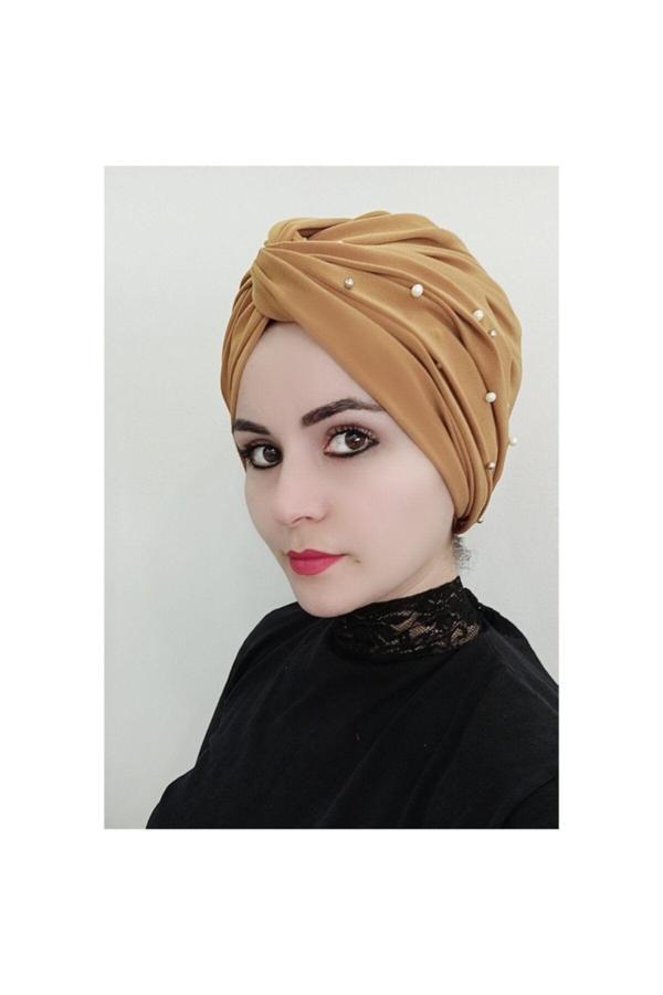 Bav Butik Ayvitrin Kadın Incili Ei Ile Dolama Bone Hardal - Image 1