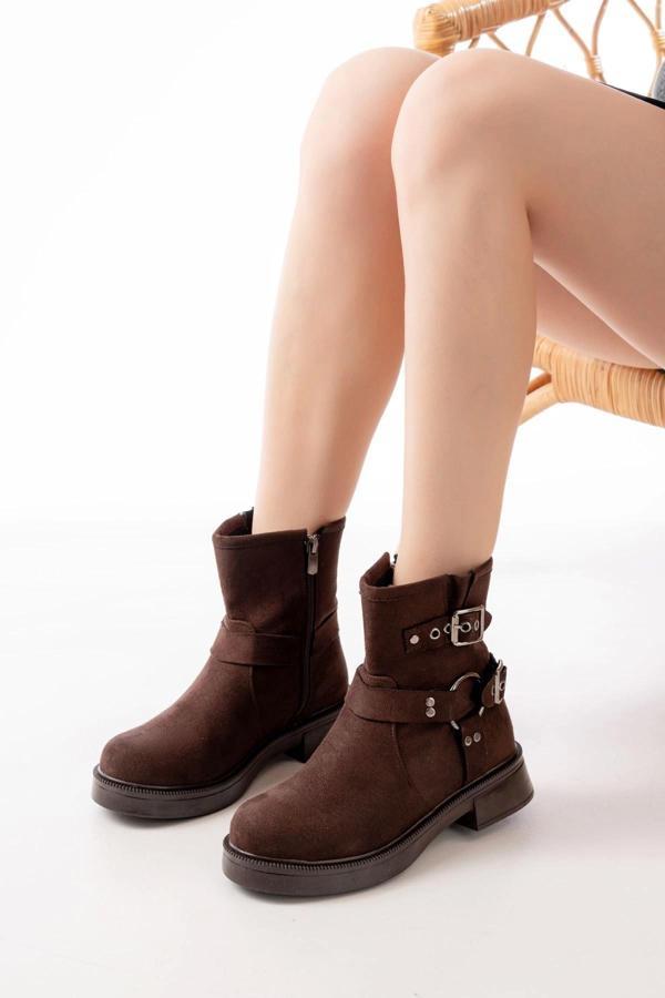 02-2013 Kahverengi Süet Toka Aksesuarlı Fermuarlı Günlük Kadın Bot - Image 1