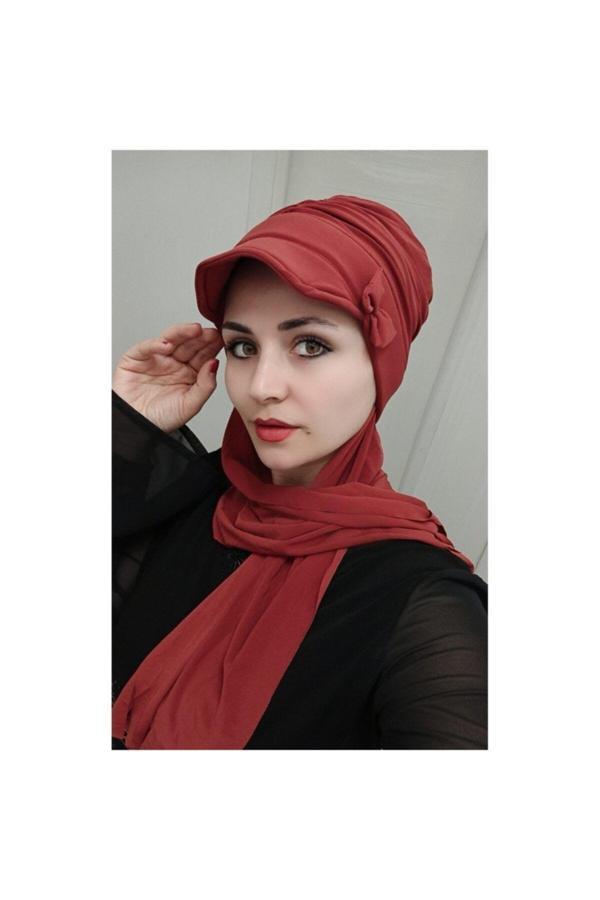 Bav Butik Ayvitrin Kadın Tesettür Fiyonk Detay Şapka Şal Bone Kiremit - Image 1