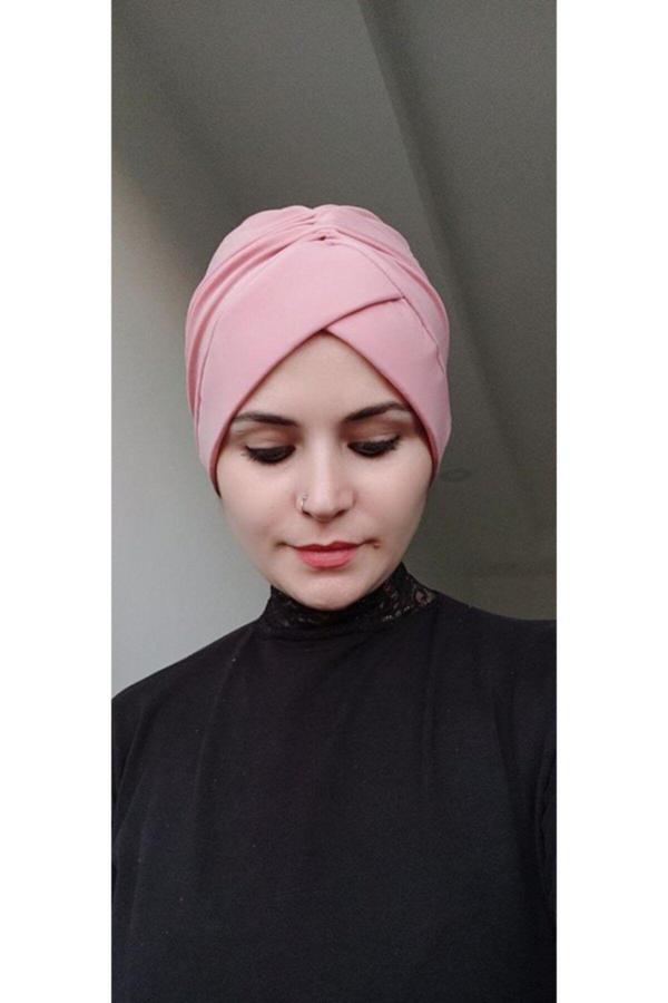 Bav Butik Ayvitrin Kadın Tesettür Çapraz Bone Pudra - Image 1