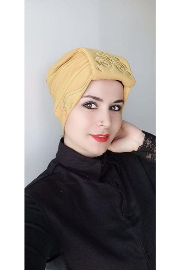 Bav Butik Ayvitrin Kadın Şal Desen Işleme Çift Taraflı Bone Hardal - Image 1