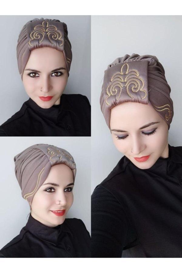 Bav Butik Ayvitrin Kadın Şal Nakış Işleme Çift Taraflı Bone Koyu Vizon - Image 1