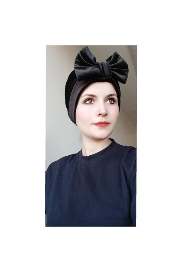 Bav Butik Ayvitrin Kadın Tesettür Kadife Fiyonklu Bone Siyah - Image 1