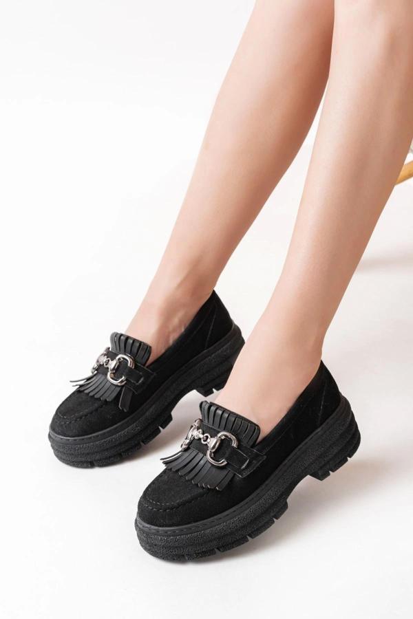 749-750 Siyah Süet Tokalı Günlük Yüksek Tabanlı Loafer Ayakkabı - Image 1