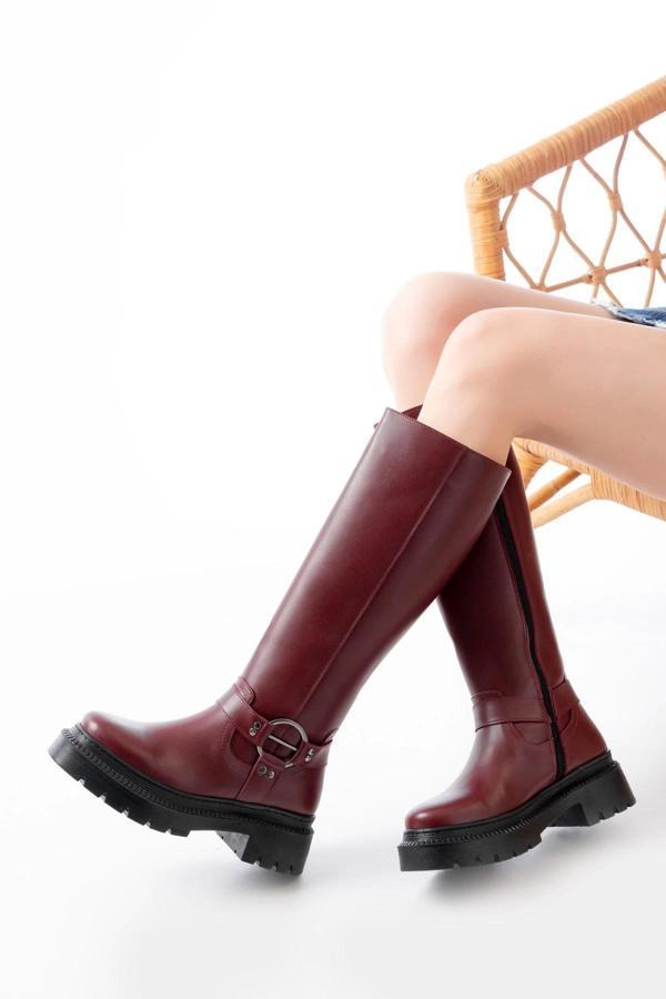 236-3021 Bordo Fermuarlı Günlük Kadın Çizme - Image 1