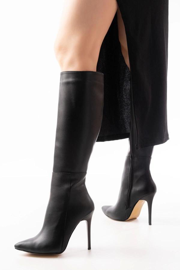 LS-226 Siyah Fermuarlı Lastikli İnce Yüksek Topuklu Kadın Çizme - Image 1