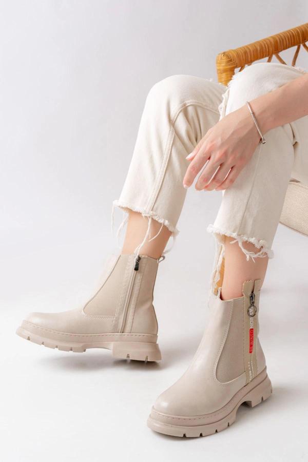 ASM-086 Bej Fashion Aksesuarlı Fermuarlı Günlük Kadın Bot - Image 1