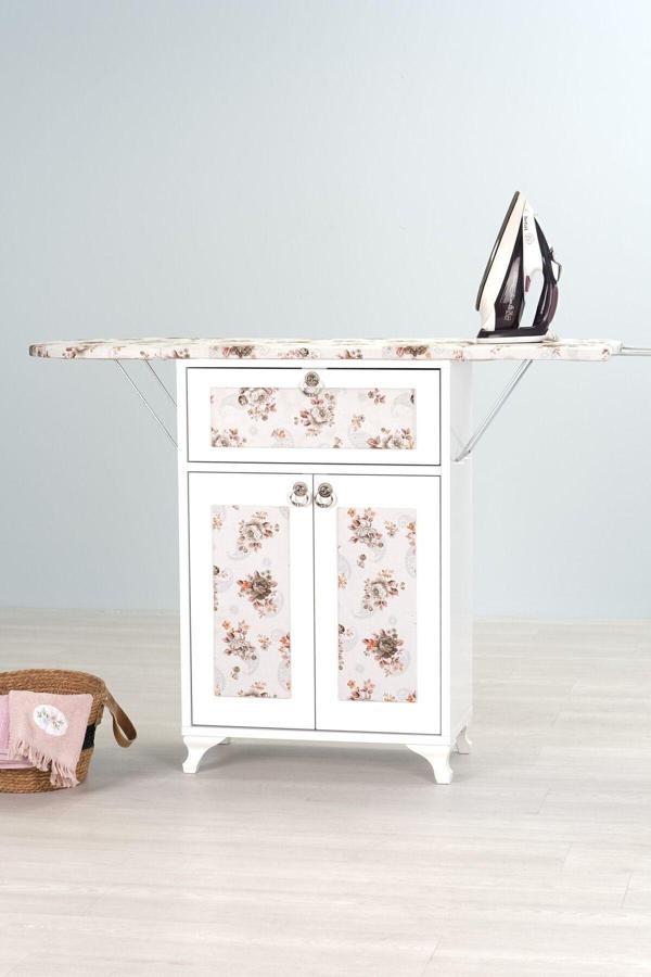 Mistik Home Rose Katlanır Dolaplı Ütü Masası – Beyaz Gövde, Yeşil Çiçek Desenli - Image 1