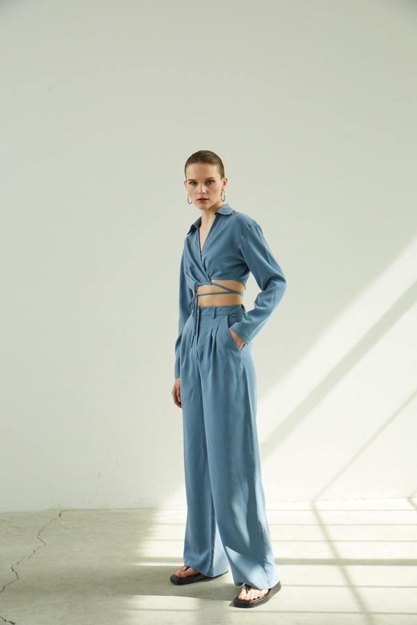 Pileli Bol Paça Mavi Pantolon - Image 1