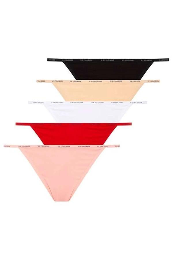 U.S. Polo Assn. Kadın 5'li Karışık V String (Kırmızı-Somon-Ten-Beyaz-Siyah) - Image 1