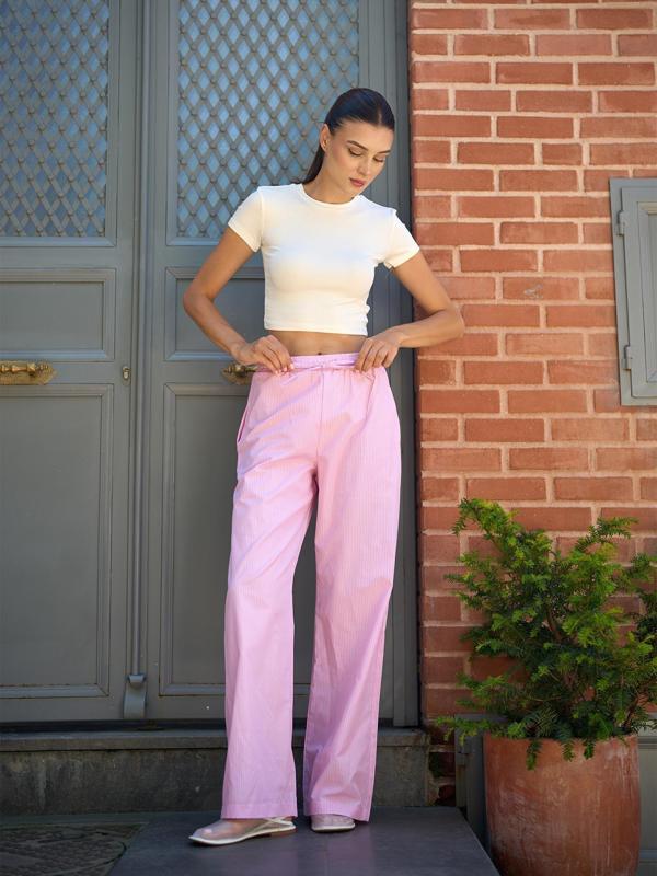 Çizgi Desen Poplin Pembe Bol Pantolon - Image 1