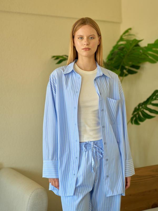 Çizgi Desen Poplin Oversize Mavi Boyfriend Gömlek - Image 1