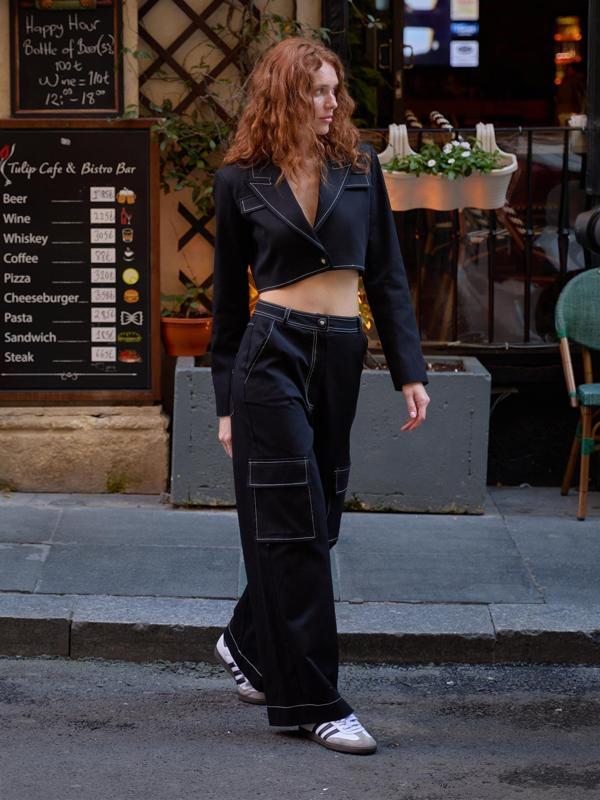 Gabardin Dikiş Detay Kargo Pantolon Siyah - Image 1