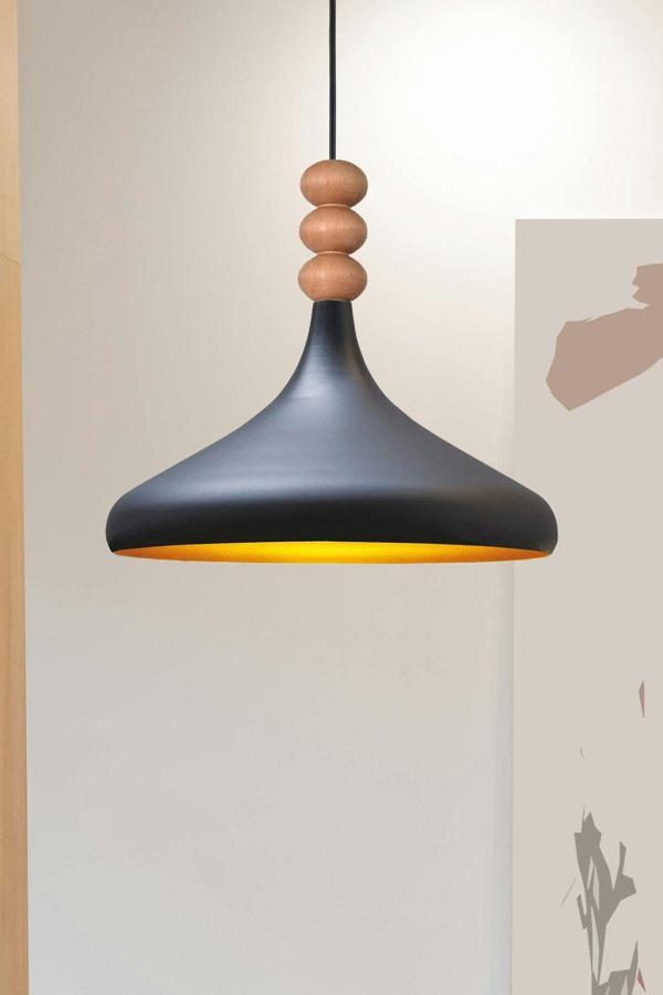 Nil Modern Tasarım Ahşap Detaylı Metal Cafe - Mutfak Siyah Renk Tekli Avize (35 CM) - Image 1