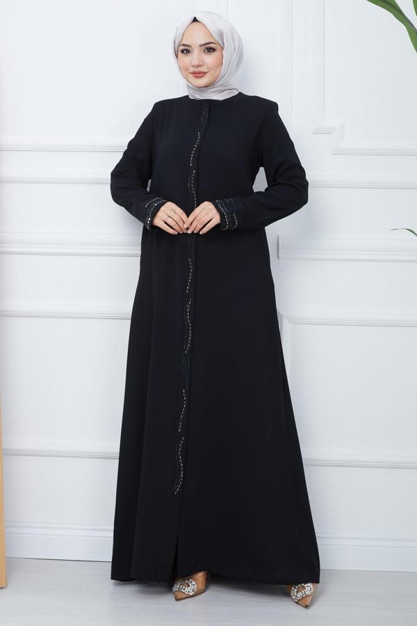 Petek Kumaş Büyük Beden Taşlı Ferace Siyah HM2352 - Image 1