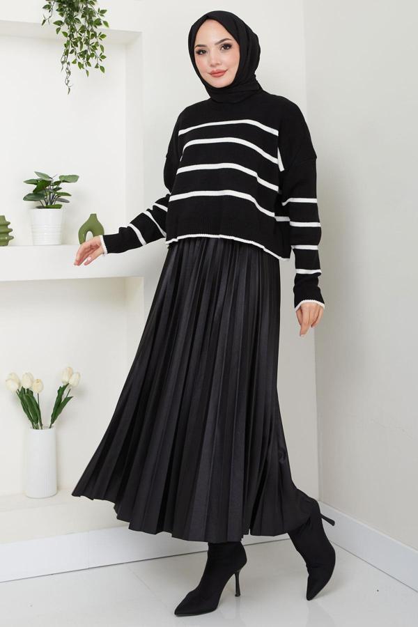 Çizgili Crop Triko Kazak Siyah HM2548 - Image 1