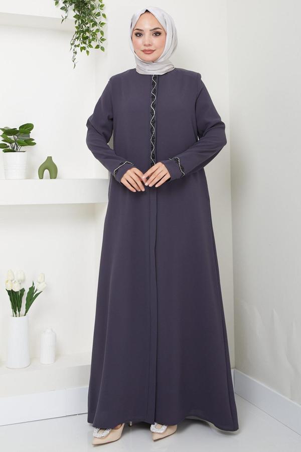 Desita Taş Detaylı Ferace Füme HM2469 - Image 1
