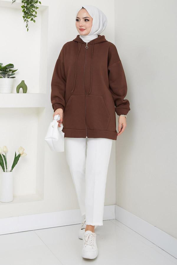Kapüşonlu 3 İplik Şardonlu Fermuarlı Sweatshirt Kahverengi HM2648 - Image 1