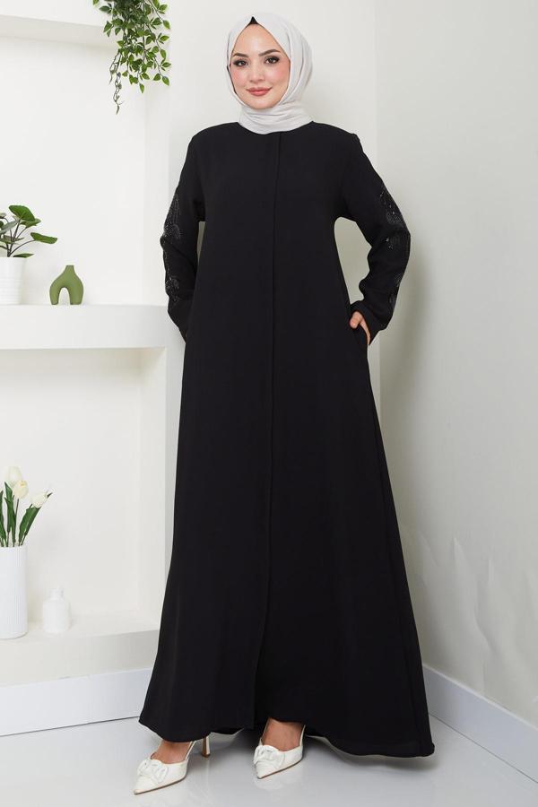 Nihan Kolları Taşlı Ferace Siyah HM2485 - Image 1