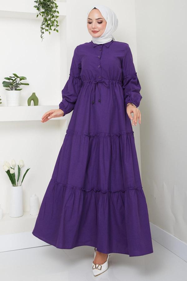 Önü Düğme Detaylı Büzgülü Elbise Mor HM2493 - Image 1