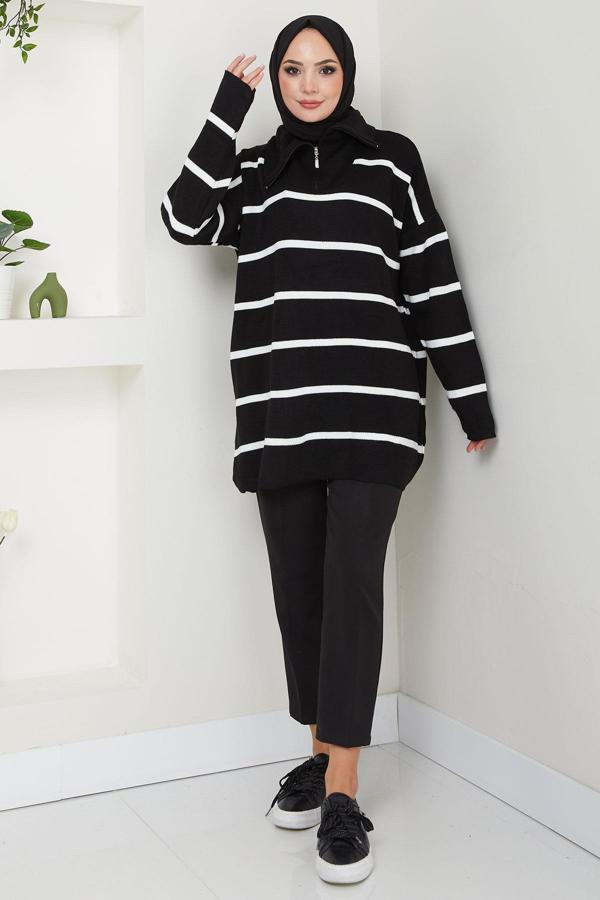 Yakası Fermuarlı Çizgili Triko Tunik Siyah HM2594 - Image 1