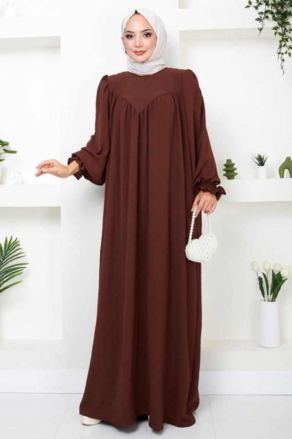 Büzgülü Robalı Elbise Kahverengi HM2501 - Image 1