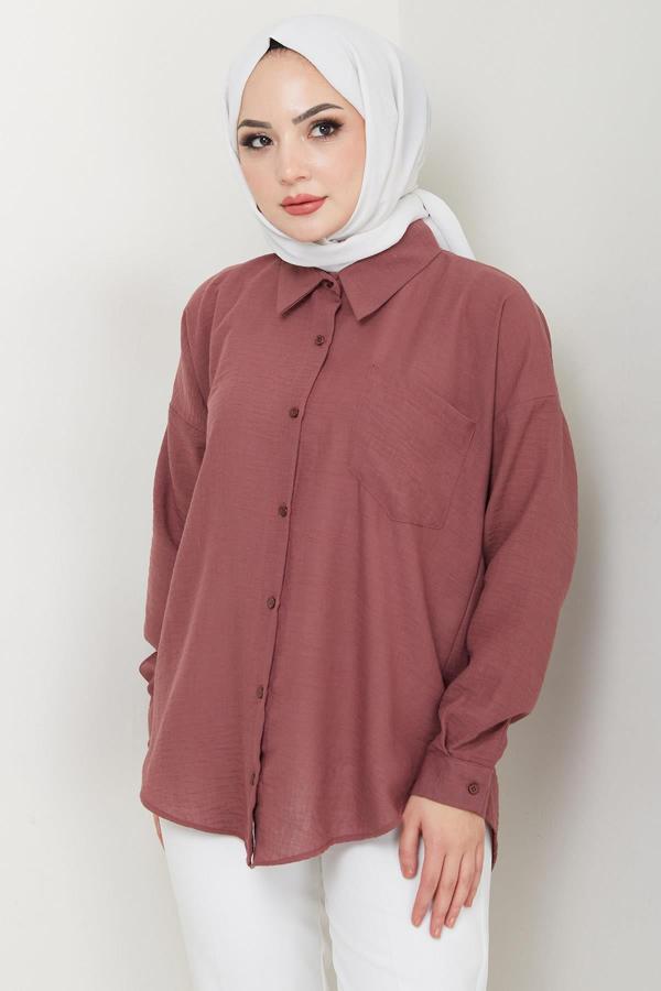 Tek Cepli Uzun Kol Oversize Keten Gömlek Gül Kurusu HM2651 - Image 1