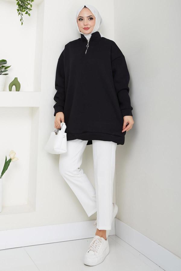 Fermuarlı 3 İplik Şardonlu Dik Yaka Sweatshirt Tunik Siyah HM2650 - Image 1