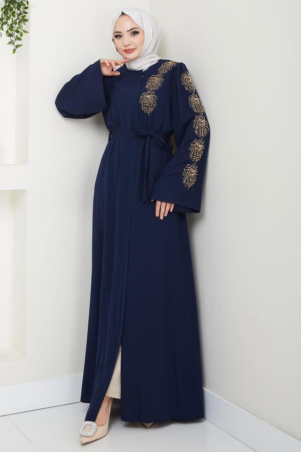 Çiçek Taşlı Kuşaklı Ferace Lacivert HM2713 - Image 1