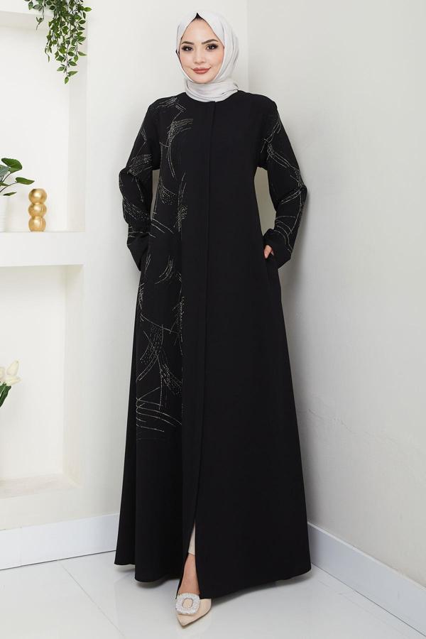 Tek Tarafı ve Kolları Taşlı Büyük Beden Ferace Siyah HM2711 - Image 1