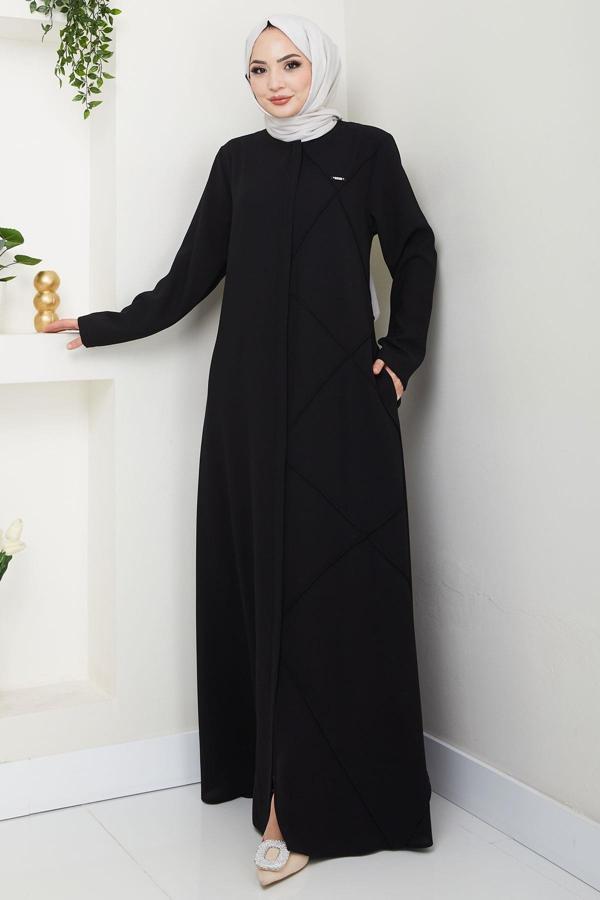 Tek Tarafı Çapraz Dikişli Ferace Siyah HM2708 - Image 1