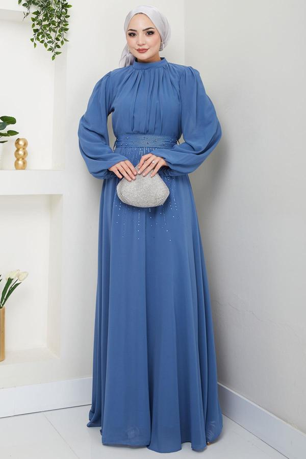 Kuşağı Taşlı Şifon Abiye Elbise Mavi HM2668 - Image 1