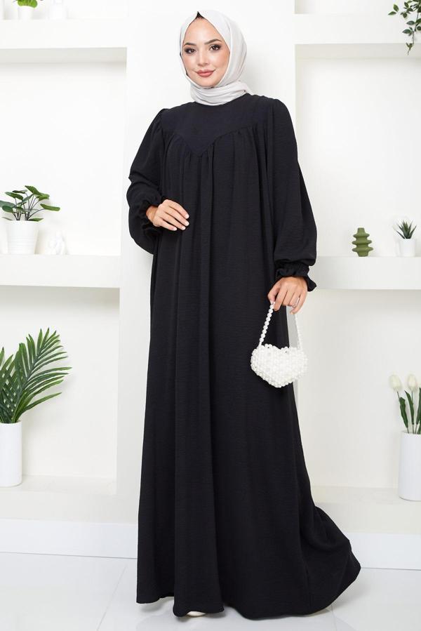Büzgülü Robalı Elbise Siyah HM2501 - Image 1