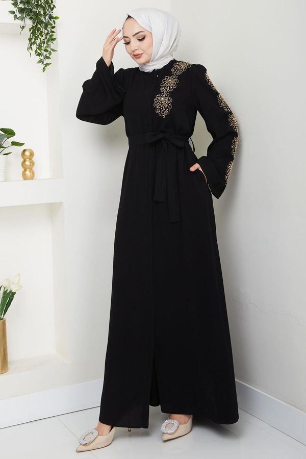 Çiçek Taşlı Kuşaklı Ferace Siyah HM2713 - Image 1