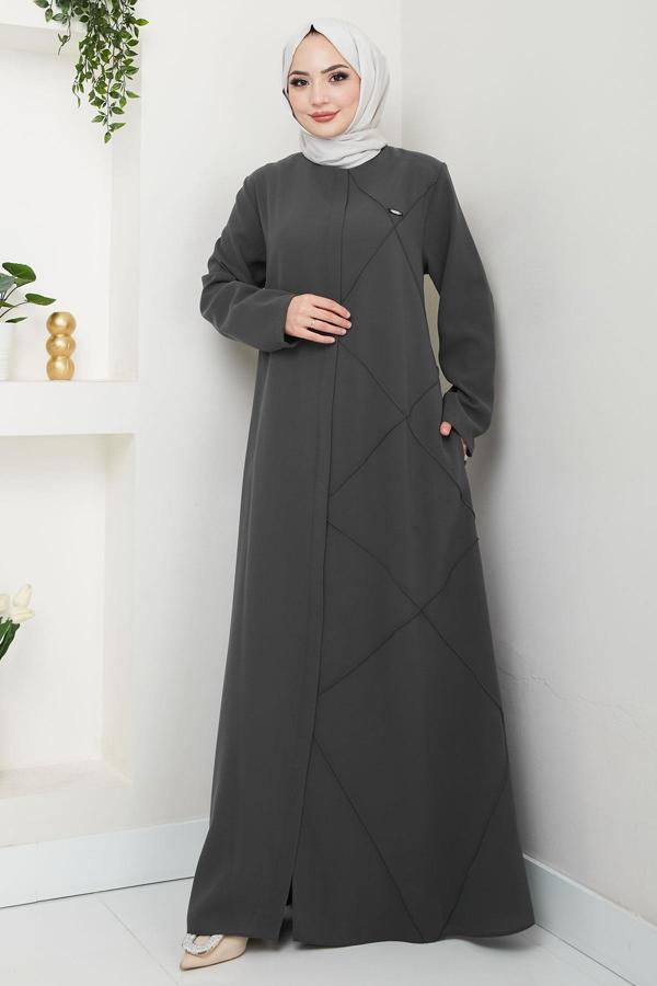 Tek Tarafı Çapraz Dikişli Ferace Füme HM2708 - Image 1