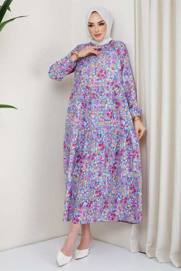 Çiçek Baskılı Elbise Lila - Image 1