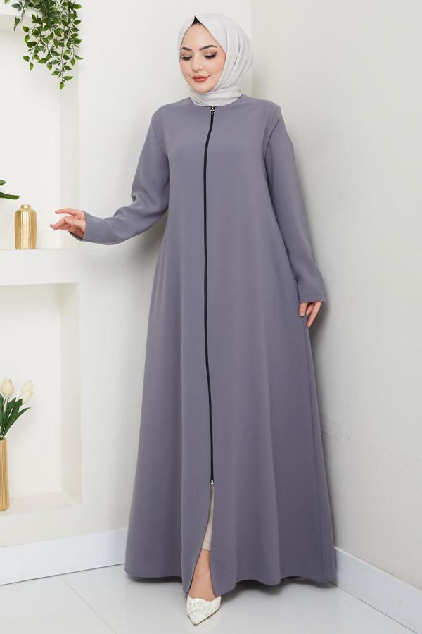 Fermuarlı Büyük Beden Ferace Gri HM2488 - Image 1