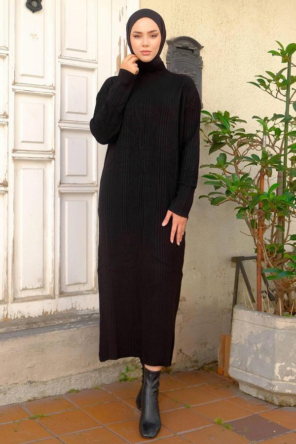 Fitilli Triko Elbise Siyah HM2247 - Image 1