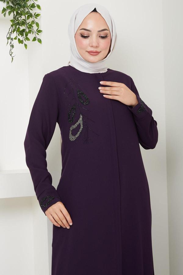Hüma Taş Detaylı Ferace Mürdüm HM2479 - Image 1