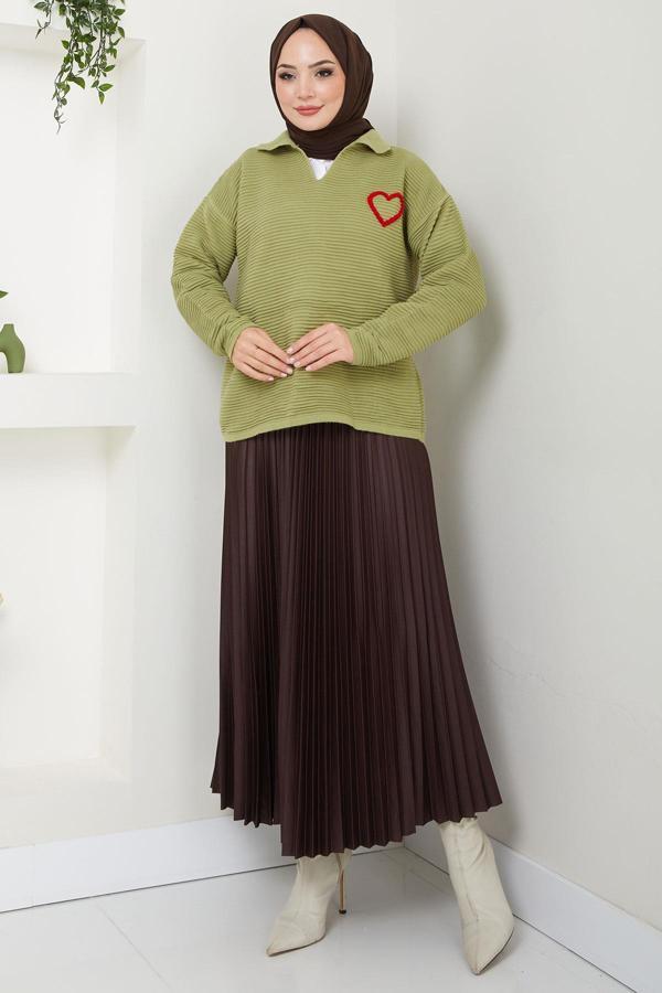Kalp Nakışlı Polo Yaka Triko Kazak Yeşil HM2571 - Image 1