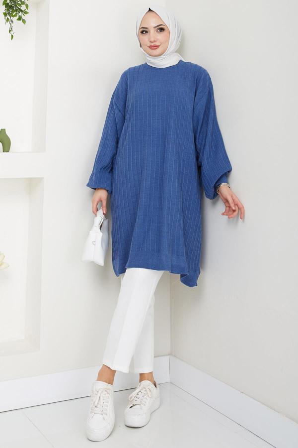 Balon Kol Triko Tunik İndigo HM2519 - Image 1