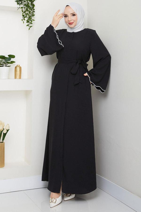 Kol Ucu Nakışlı Kuşaklı Ferace Siyah HM2728 - Image 1