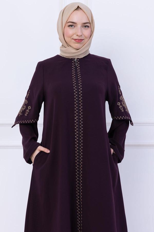 Nakış Detaylı Ferace Mürdüm HM2733 - Image 1