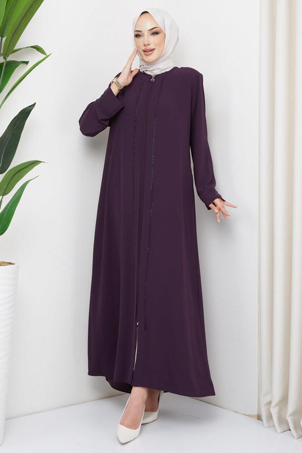 Mina Büyük Beden Taşlı Ferace Mürdüm HM2308 - Image 1