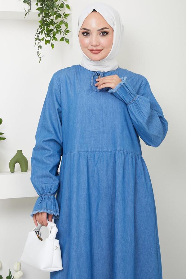 Eteği Püsküllü Yaka Bağcıklı Kot Elbise Açık Mavi HM2459 - Image 1