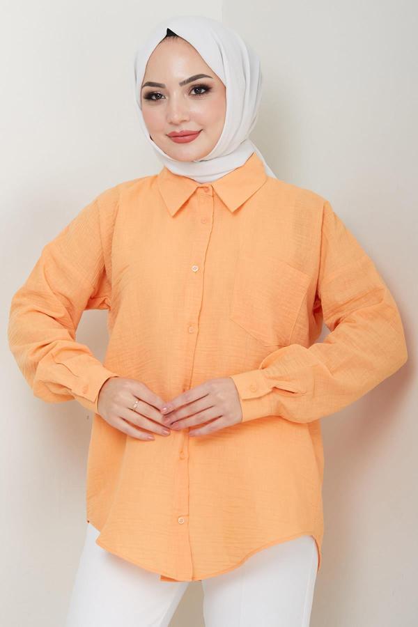 Tek Cepli Uzun Kol Oversize Keten Gömlek Turuncu HM2651 - Image 1
